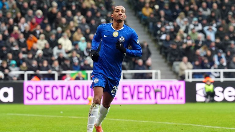 Chelsea's Joao Pedro celebrates after scoring his side's second goal during the English Premier League soccer match between Newcastle United and FC Chelsea in Newcastle, England, Saturday, Dec. 20, 2025. (Owen Humphreys/PA via AP)