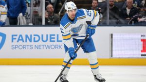 St. Louis Blues forward Jordan Kyrou controls the puck during an NHL hockey game against the Columbus Blue Jackets in Columbus, Ohio, Saturday, Nov. 1, 2025. (Paul Vernon/AP)