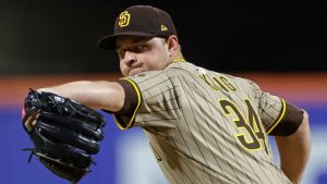 San Diego Padres pitcher Michael King (34) throws during the second inning of a baseball game against the New York Mets, Tuesday, Sept. 16, 2025, in New York. (Adam Hunger/AP)