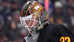 Vancouver Canucks goalie Kevin Lankinen skates during a stoppage in play during the second period of an NHL hockey game against the Montreal Canadiens, in Vancouver, on Saturday, October 25, 2025. (Darryl Dyck/THE CANADIAN PRESS)