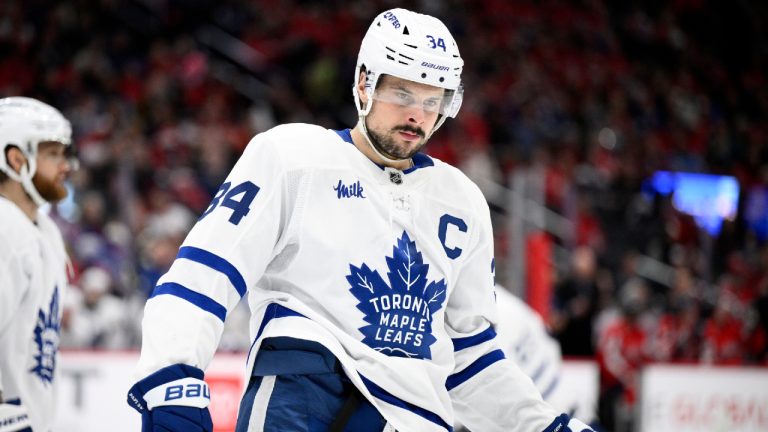 Toronto Maple Leafs centre Auston Matthews (34) looks on during the second period of an NHL hockey game against the Washington Capitals, Thursday, Dec. 18, 2025, in Washington. (Nick Wass/AP)