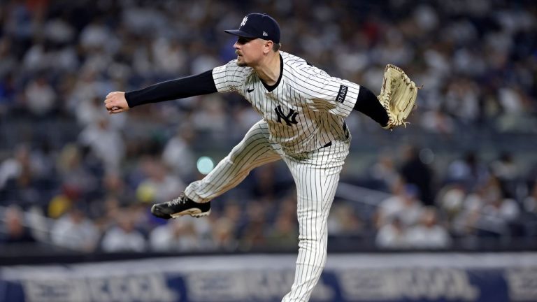 New York Yankees pitcher Mark Leiter Jr. (56) thows during the eighth inning of a baseball game against the Toronto Blue Jays, Friday, Sept. 5, 2025, in New York. (Adam Hunger/AP)