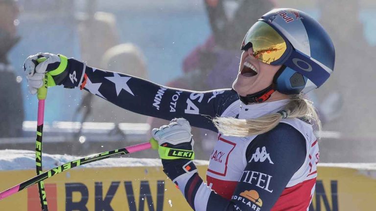 United States' Lindsey Vonn celebrates at the finish area of an alpine ski, women's World Cup downhill in St. Moritz, Switzerland. (Luciano Bisi/APa)