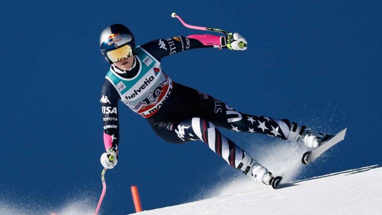 United States' Lindsey Vonn speeds down the course during an alpine ski, women's World Cup super-G event. (Gabriele Facciotti/AP)