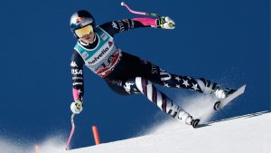 United States' Lindsey Vonn speeds down the course during an alpine ski, women's World Cup super-G event, in St. Moritz, Switzerland, Sunday Dec. 14, 2025. (Gabriele Facciotti/AP)