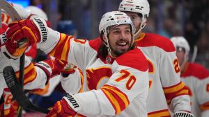Calgary Flames left wing Ryan Lomberg (70) in the third period of an NHL hockey game Monday, March 31, 2025, in Denver. (David Zalubowski/AP)