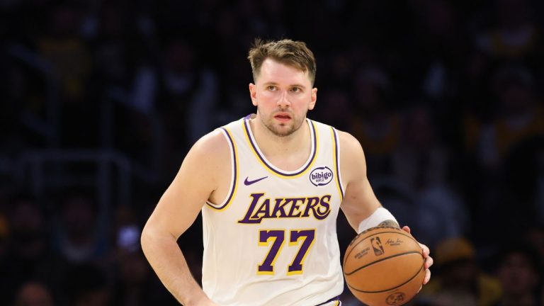 Los Angeles Lakers guard Luka Doncic (77) dribbles down the court against the New Orleans Pelicans during the second half of an NBA basketball game, Sunday, Nov. 30, 2025, in Los Angeles. (Jessie Alcheh/AP)