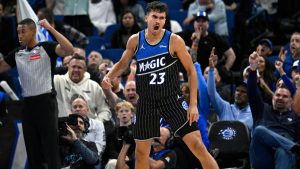 Orlando Magic forward Tristan da Silva (23) celebrates after scoring during the first half of an NBA Cup basketball game against the Miami Heat, Tuesday, Dec. 9, 2025, in Orlando, Fla. (Phelan M. Ebenhack/AP Photo)
