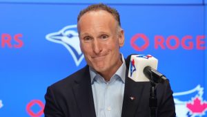 Toronto Blue Jays president Mark Shapiro holds a press conference in Toronto on Thursday, Oct.12, 2023. (Chris Young/CP)