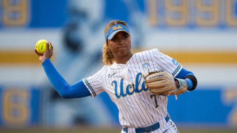 UCLA shortstop Maya Brady (7) throws during an NCAA regional softball game against Grand Canyon on Friday, May 17, 2024, in Los Angeles. (Kyusung Gong/AP)