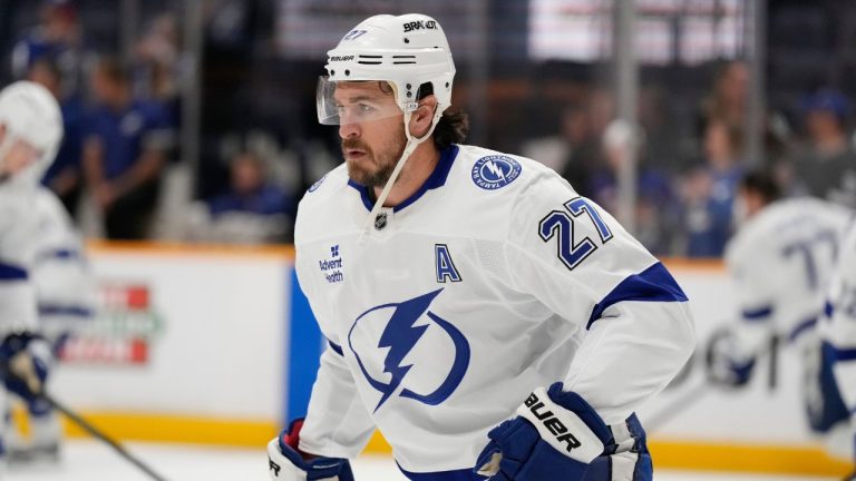 Tampa Bay Lightning defenceman Ryan McDonagh (27) before an NHL hockey game Tuesday, Oct. 28, 2025, in Nashville, Tenn. (George Walker IV/AP Photo)