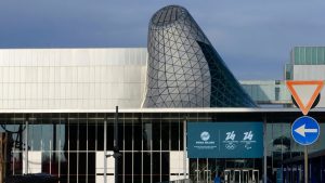 A view of the main entrance of the Rho Fair, which will be called Milano Ice Park, venue for the ice hockey and speed skating disciplines at the Milan Cortina 2026 Winter Olympics, in Rho, near Milan, Italy, Tuesday, Jan. 28, 2025. (Luca Bruno/AP)