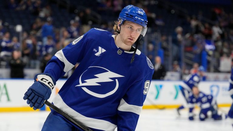Tampa Bay Lightning defenceman J.J. Moser (90) before an NHL hockey game against the Philadelphia Flyers Thursday, Nov. 7, 2024, in Tampa, Fla. (Chris O'Meara/AP)
