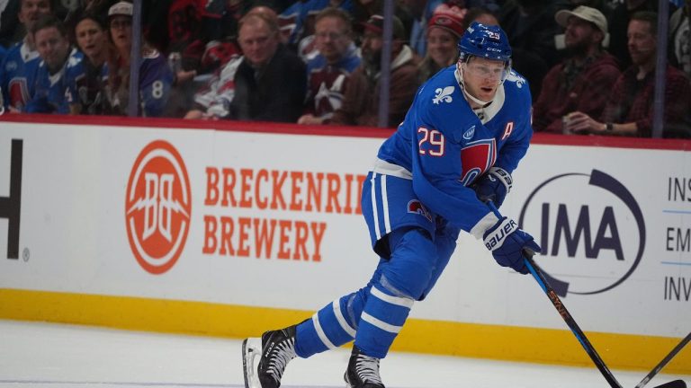 Colorado Avalanche centre Nathan MacKinnon (29) in the third period of an NHL hockey game Thursday, Oct. 23, 2025, in Denver. (David Zalubowski/AP)