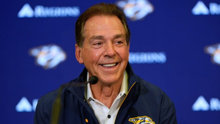 Nick Saban speaks during a news conference announcing his minority ownership of the Nashville Predators at the NHL hockey team's facility Monday, Dec. 22, 2025, in Nashville, Tenn. (George Walker IV/AP)