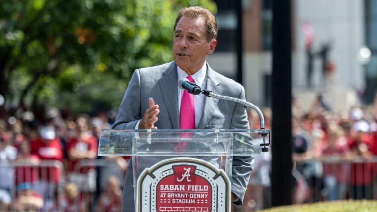 Former Alabama football head coach Nick Saban speaks as the University of Alabama honors him with a stadium renaming, before an NCAA college football game, Saturday, Sept. 7, 2024, in Tuscaloosa, Ala. Alabama's football stadium will now be known as Saban Field at Bryant-Denny Stadium. (Vasha Hunt/AP)