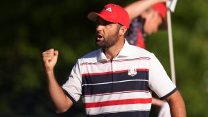 United States' Scottie Scheffler celebrates after a putt on the 18th hole during their singles match on the Bethpage Black golf course at the Ryder Cup golf tournament, Sunday, Sept. 28, 2025, in Farmingdale, N.Y. (Seth Wenig/AP)
