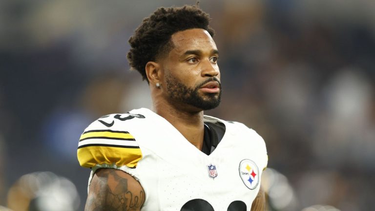 Pittsburgh Steelers cornerback Darius Slay stands on the field during warmups before the team's NFL football game against the Los Angeles Chargers Sunday, Nov. 9, 2025, in Inglewood, Calif. (Jessie Alcheh/AP Photo)