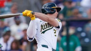 Athletics' Tyler Soderstrom watches his RBI double during the fifth inning of a baseball game against the Boston Red Sox, Wednesday, Sept. 10, 2025, in West Sacramento, Calif. (Sergio Estrada/AP Photo)