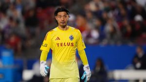 Vancouver Whitecaps goalkeeper Yohei Takaoka during the second half of Game 2 in the first round of MLS soccer's Western Conference playoffs against FC Dallas in Frisco, Texas, Saturday, Nov. 1, 2025. (LM Otero/AP)