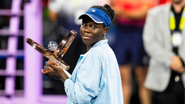 Victoria Mboko of Canada celebrates her win over Naomi Osaka of Japan following finals tennis action at the National Bank Open in Montreal on Thursday, August 7, 2025. (Christopher Katsarov/CP)
