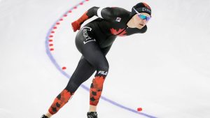 Canada's Isabelle Weidemann skates during the women's 3,000-metre competition during ISU World Cup speed skating in Calgary, Alta., Friday, Nov. 21, 2025. (Jeff McIntosh/THE CANADIAN PRESS)