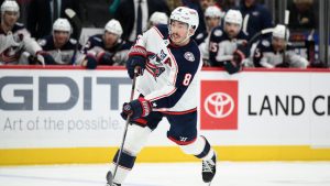 Columbus Blue Jackets defenceman Zach Werenski shoots the puck during the second period of an NHL hockey game against the Washington Capitals, Monday, Nov. 24, 2025, in Washington. (Nick Wass/AP)