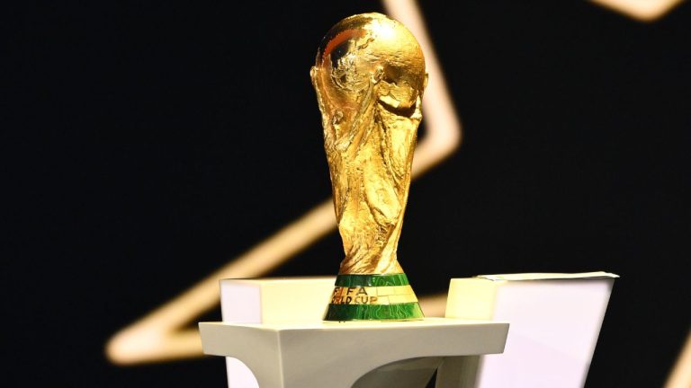 The World Cup trophy is displayed during the draw for the 2026 soccer World Cup at the Kennedy Center in Washington, Friday, Dec. 5, 2025. (Mandel Ngan/Pool Photo via AP)