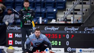 Canada’s Team Matt Dunstone in the house calling line for his team while facing Canada’s Team Mike McEwen in the second end at the Crown Royal players’ Championship on Jan. 6, 2025, in Steinbach, Man. (Anil Mungal/TCG)