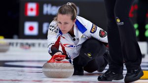 Canada’s Team Rachel Homan sliding out before releasing her shot while taking on Japan’s Team Satsuki Fujisawa at the Crown Royal players’ Championship on Jan. 7, 2025, in Steinbach, Man. (Anil Mungal/TCG)