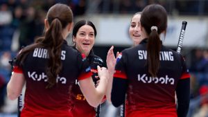 Canada’s Team Kerri Einarson (Back Left) celebrates with teammates Karlee Burgess (Front Left) Val Sweeting (Front Right) and Shannon Birchard (Back Right) (Left) after defeating Sweden’s Team Isabella Wrana in the quarterfinals at the Crown Royal Players’ Championship on Jan. 10, 2025, in Steinbach, Man. (Anil Mungal/TCG)
