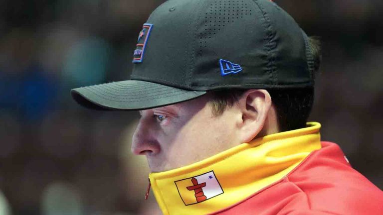 Team Nunavut coach Colin Hodgson overlooks the ice while his team competes against Team New Brunswick during the Scotties Tournament of Hearts in Mississauga, Ont., on Jan. 28, 2026. (Nathan Denette/CP)