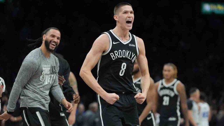 Brooklyn Nets' Egor Demin (8) celebrates after making a three-point shot during the second half of an NBA basketball game against the Orlando Magic Wednesday, Jan. 7, 2026, in New York. (Frank Franklin II/AP)