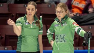 Team Saskatchewan skip Jolene Campbell (right) and third Robyn Silvernagle discuss a shot during Scotties Tournament of Hearts curling action in Mississauga, Ont., on Jan. 25, 2026. (Frank Gunn/CP)
