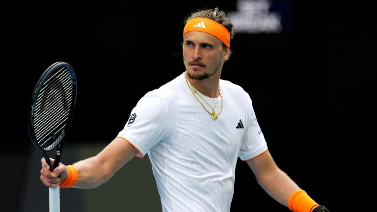 Alexander Zverev of Germany reacts during his semifinal match against Carlos Alcaraz of Spain at the Australian Open tennis championship in Melbourne, Australia, Friday, Jan. 30, 2026. (Aaron Favila/AP)