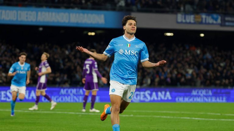 Napoli's Antonio Vergara celebrates after scoring during the Italian Serie A soccer match between Napoli and Fiorentina in Naples, Italy, Saturday, Jan. 31, 2026. (Alessandro Garofalo/LaPresse via AP)