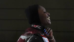 Cynthia Appiah of Canada reacts after the fourth run in the women's monobob at the bobsled world championships on March 9, 2025, in Lake Placid, N.Y. (Julia Demaree Nikhinson/AP)