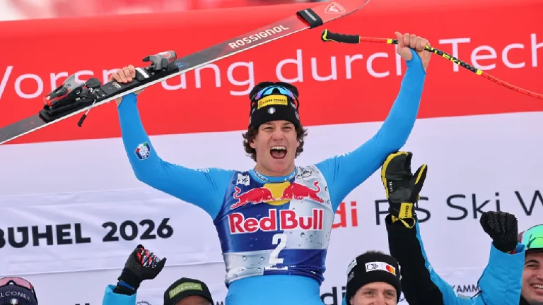 Italy's Giovanni Franzoni celebrates winning a men's alpine ski World Cup downhill, in Kitzbuehel, Austria, Saturday, Jan. 24, 2026. (Marco Trovati/AP)