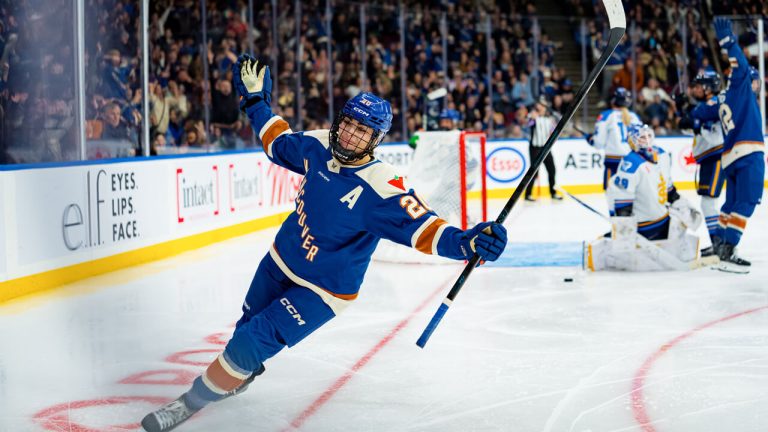 Vancouver Goldeneyes forward Sarah Nurse celebrates a goal during a home game against the Toronto Sceptres in late January 2026. (Photo courtesy of the PWHL)