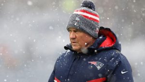 New England Patriots head coach Bill Belichick walks on the field during warm ups prior to an NFL football game against the New York Jets, Sunday, Jan. 7, 2024, in Foxborough, Mass. (Michael Dwyer/AP)