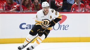 Boston Bruins right wing David Pastrnak (88) in action during the first period of an NHL hockey game against the Washington Capitals, Wednesday, October 8, 2025, in Washington. (Nick Wass/AP)