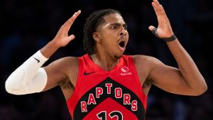 Toronto Raptors forward Collin Murray-Boyles (12) reacts to a call by officials during the first half of an NBA basketball game against the Los Angeles Lakers in Los Angeles, Sunday, Jan. 18, 2026. (Kyusung Gong/AP)