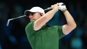 Rory McIlroy of Boston Common Golf hits on the seventh hole during a TGL match against Jupiter Links Golf Club, Monday, Jan. 27, 2025, in Palm Beach Gardens, Fla. (Rebecca Blackwell/AP)