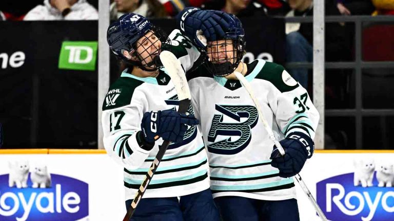 Boston Fleet's Theresa Schafzahl (37) celebrates her goal against the Ottawa Charge with Jamie Lee Rattray (47) during first period PWHL hockey action in Ottawa, on Thursday, Feb. 20, 2025. (Justin Tang/CP)