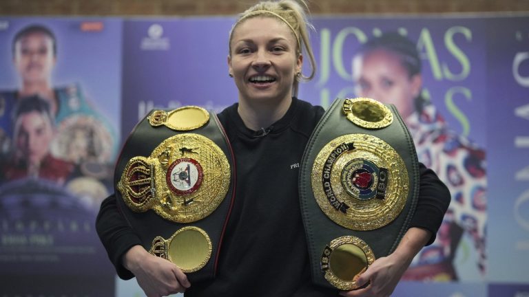 British boxer Lauren Price attends a boxing media workout in London, Tuesday, March 4, 2025. (AP Photo/Kin Cheung)