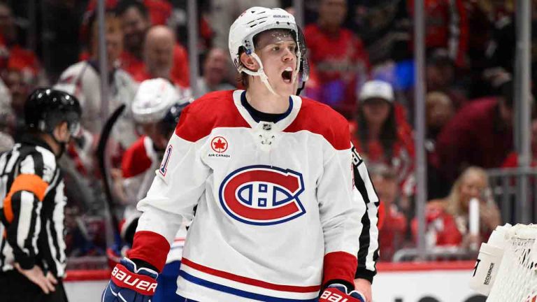Montreal Canadiens defenceman Kaiden Guhle (21) in action in the first period of Game 1 of a first-round NHL hockey playoff series against the Washington Capitals Monday, April 21, 2025, in Washington. (Nick Wass/AP)