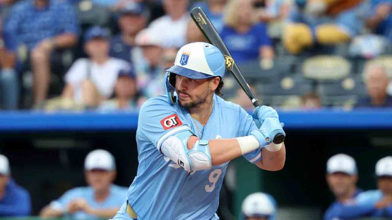 Kansas City Royals' Vinnie Pasquantino bats during a baseball game against the Detroit Tigers, Saturday, Aug. 30, 2025, in Kansas City, Mo. (David Smith/AP)