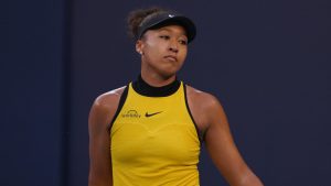 Naomi Osaka reacts after losing a point to Aliaksandra Sasnovich during the women's singles match for the China Open tournament, at the National Tennis Center, in Beijing, Saturday, Sept. 27, 2025. (Andy Wong/AP)