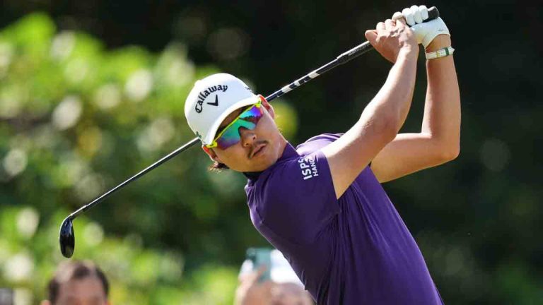 Min Woo Lee, of Australia, tees off on the second hole during the fourth round of the Baycurrent Classic golf tournament at the Yokohama Country Club in Yokohama, near Tokyo, Sunday, Oct. 12, 2025. (Hiro Komae/AP)