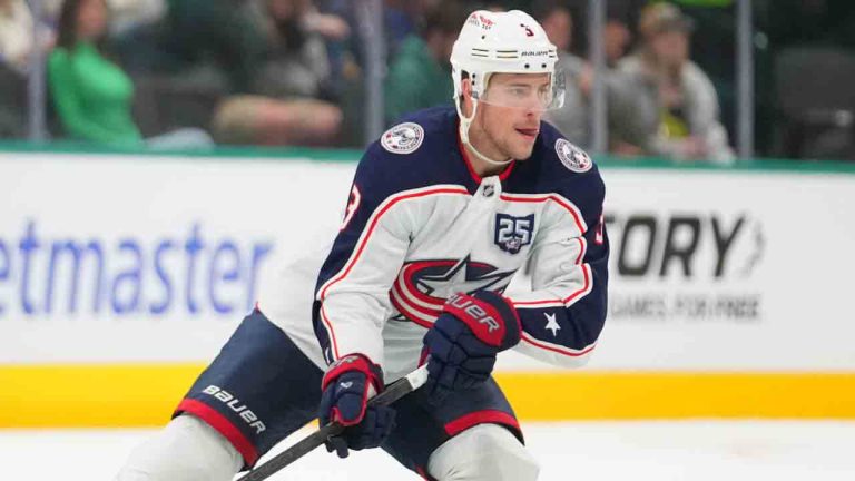 Columbus Blue Jackets center Charlie Coyle skates against the Dallas Stars during the second period of an NHL hockey game Tuesday, Oct. 21, 2025, in Dallas. (Julio Cortez/AP)